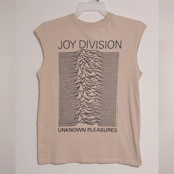 H&M Joy Division Unknown Pleasures Unisex Beige Sleeveless T-shirt EUC Size XS - Picture 1 of 8